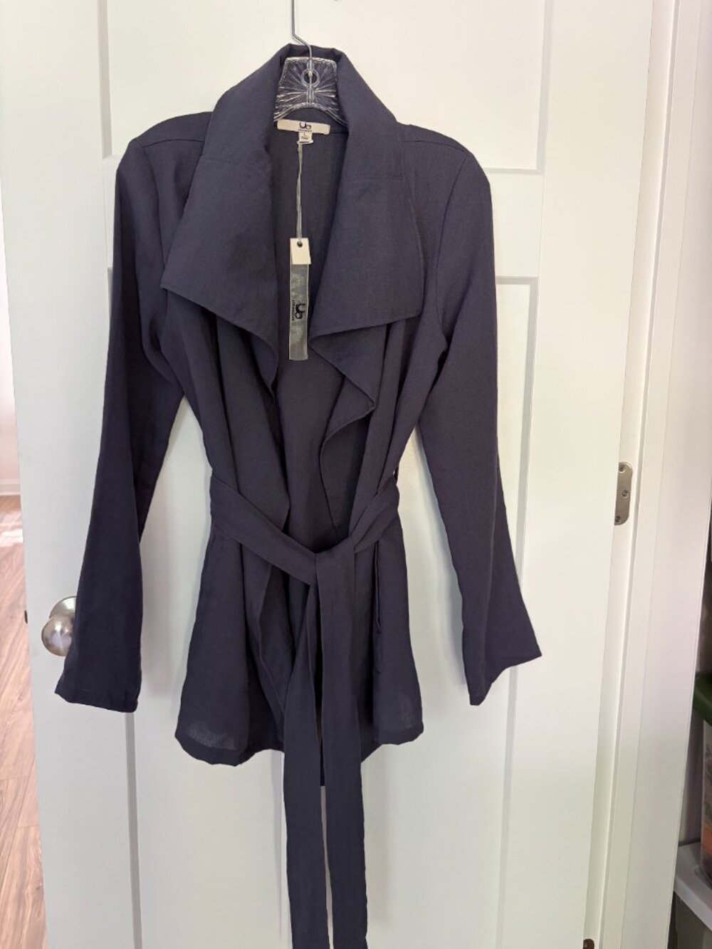 Open Front Linen Cotton Waterfall Jacket L Belted Drape Lightweight Gray NWT